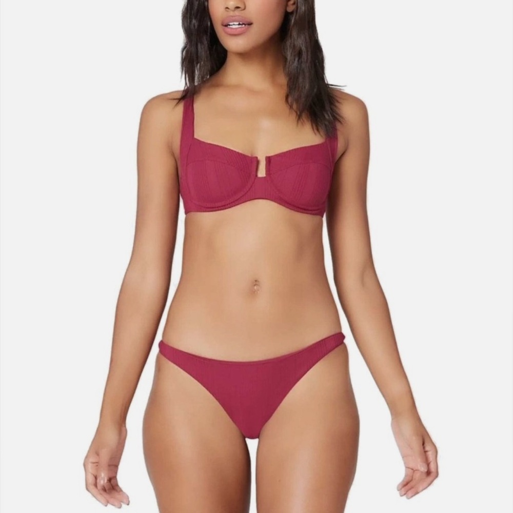 L*Space Cabernet pointelle rib Camillia bikini top size D and bottom XL NWT